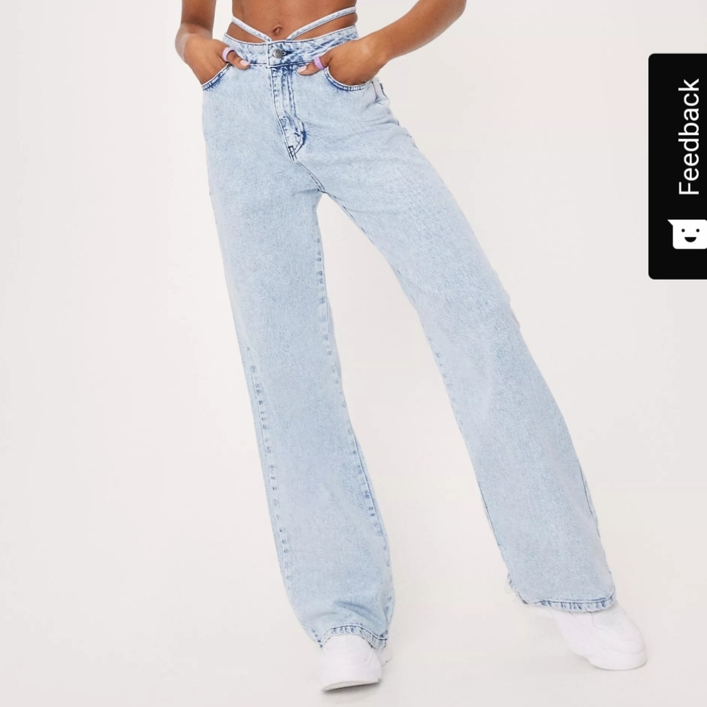 Nasty Gal Strappy Waist High Waisted Wide Leg Jeans Light Blue - 2